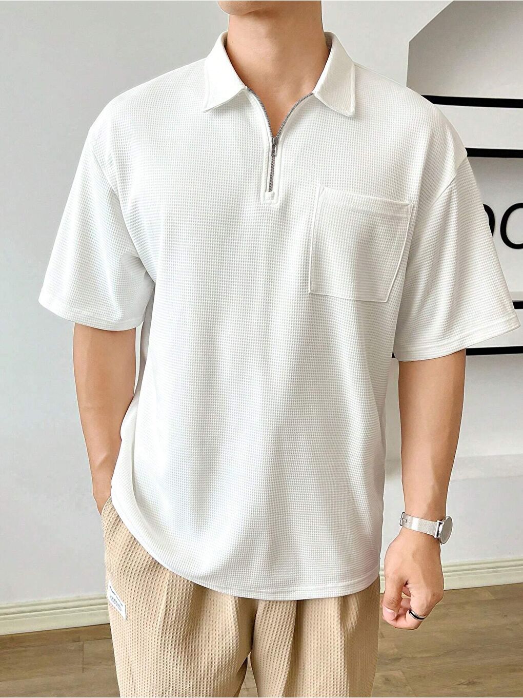 Beyaz Erkek Oversize Polo Yaka Waffle Tişört POLOYAKA-FERMUARLI