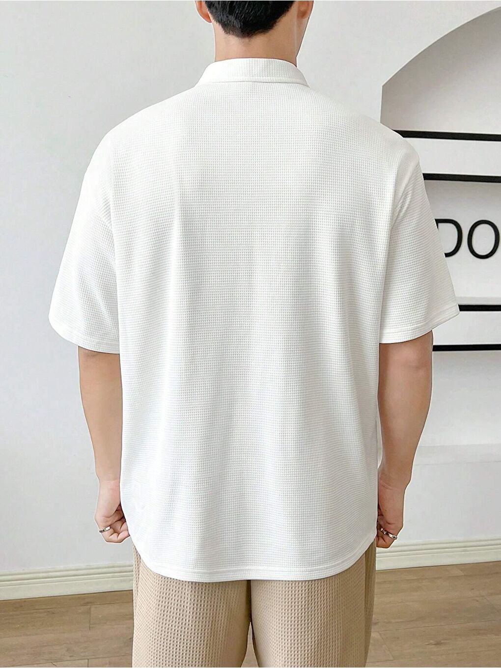 Beyaz Erkek Oversize Polo Yaka Waffle Tişört POLOYAKA-FERMUARLI-1