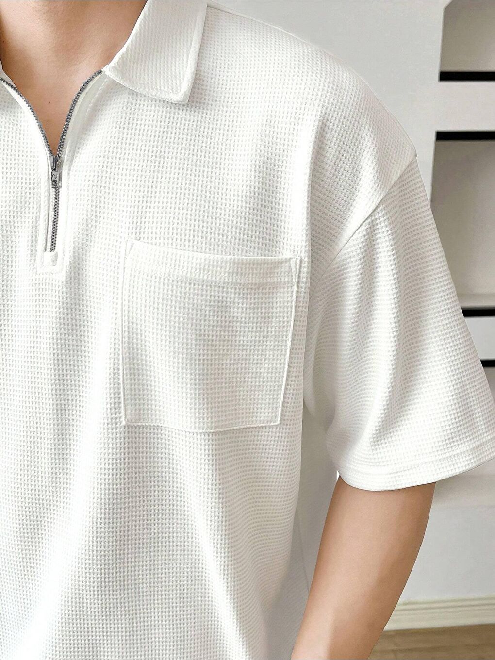 Beyaz Erkek Oversize Polo Yaka Waffle Tişört POLOYAKA-FERMUARLI-2