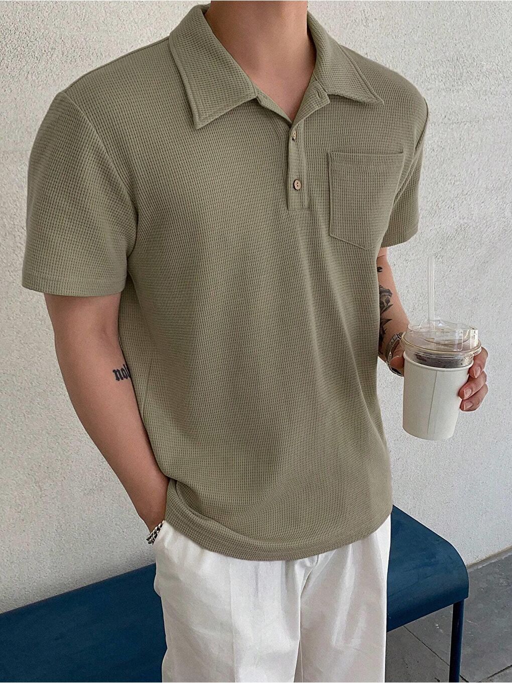 GENIUS STORE Açık Haki Erkek Oversize Polo Yaka  Waffle T-Shirt