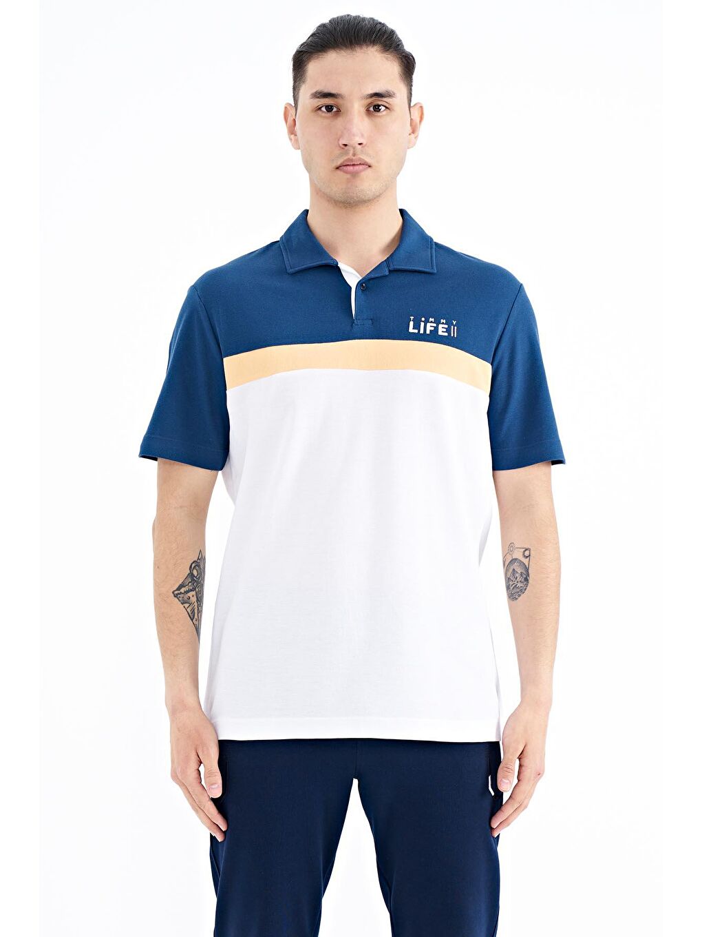 TOMMYLIFE Beyaz Renk Geçişli Polo Yaka Standart Kalıp Erkek T-shirt - 88238