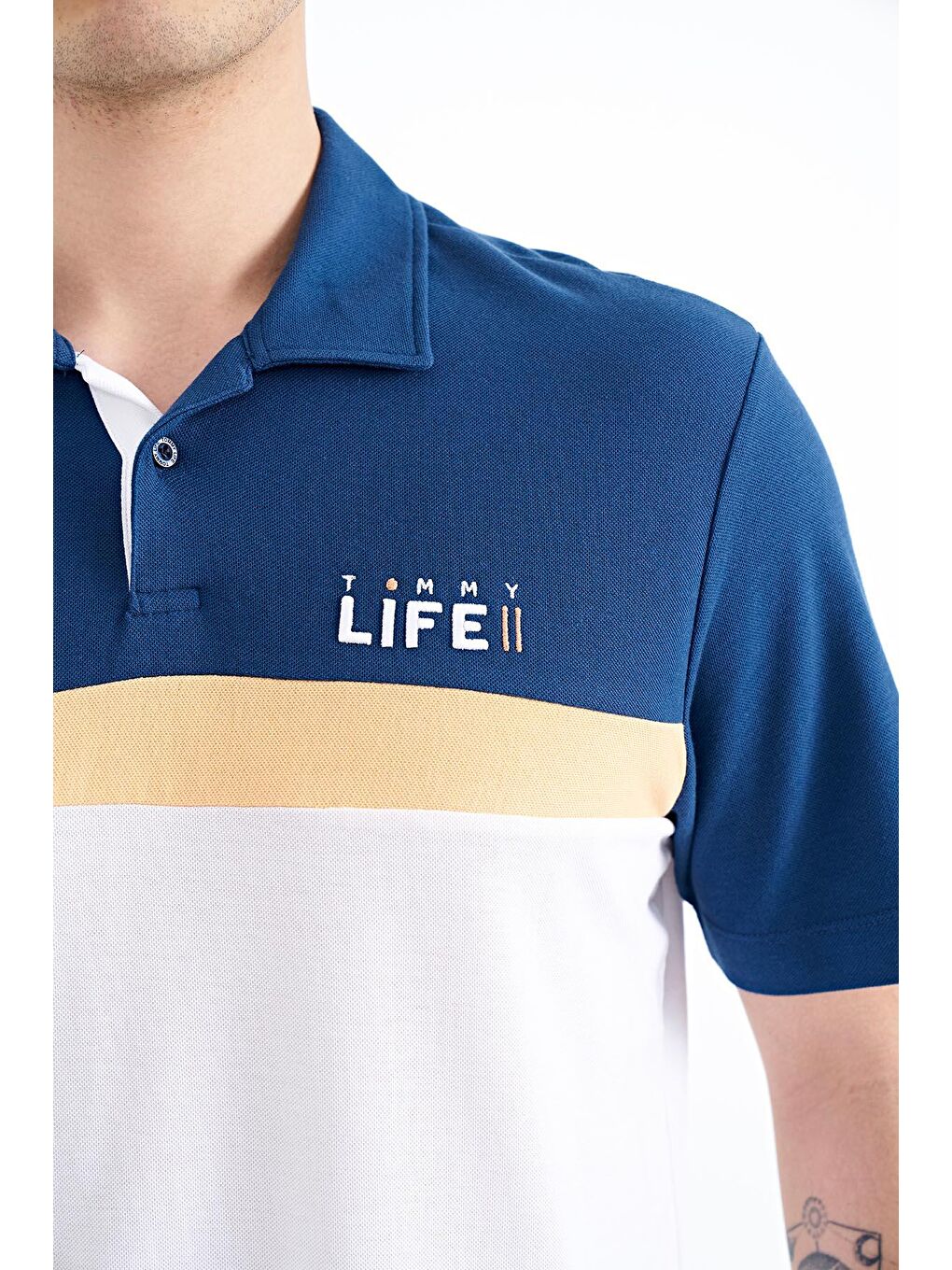 TOMMYLIFE Beyaz Renk Geçişli Polo Yaka Standart Kalıp Erkek T-shirt - 88238 - 1