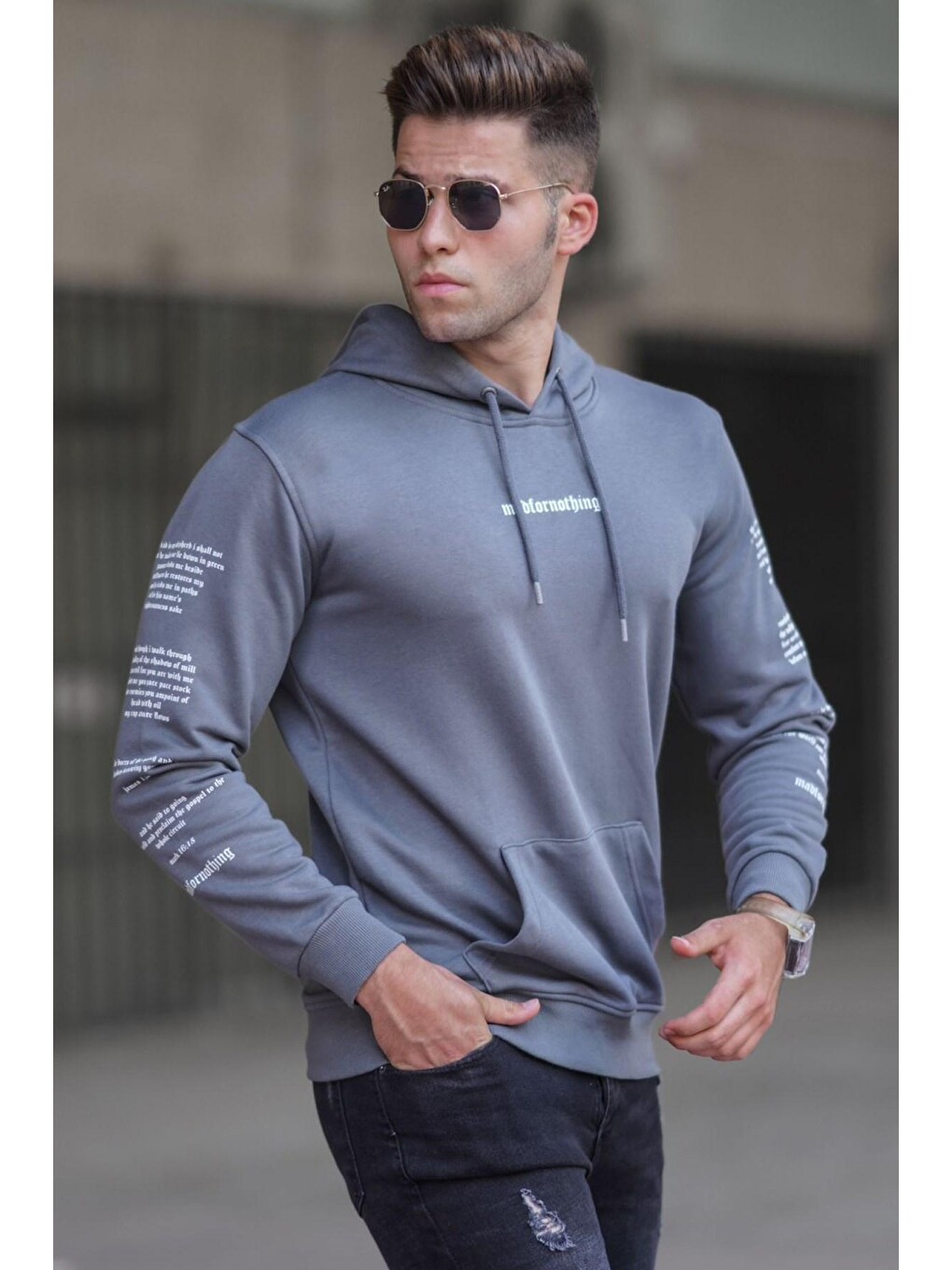 Gri Füme Baskılı Kapüşonlu Sweatshirt 5304