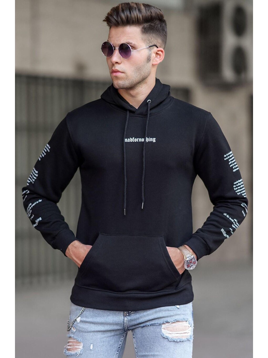 Siyah Baskılı Kapüşonlu Sweatshirt 5304