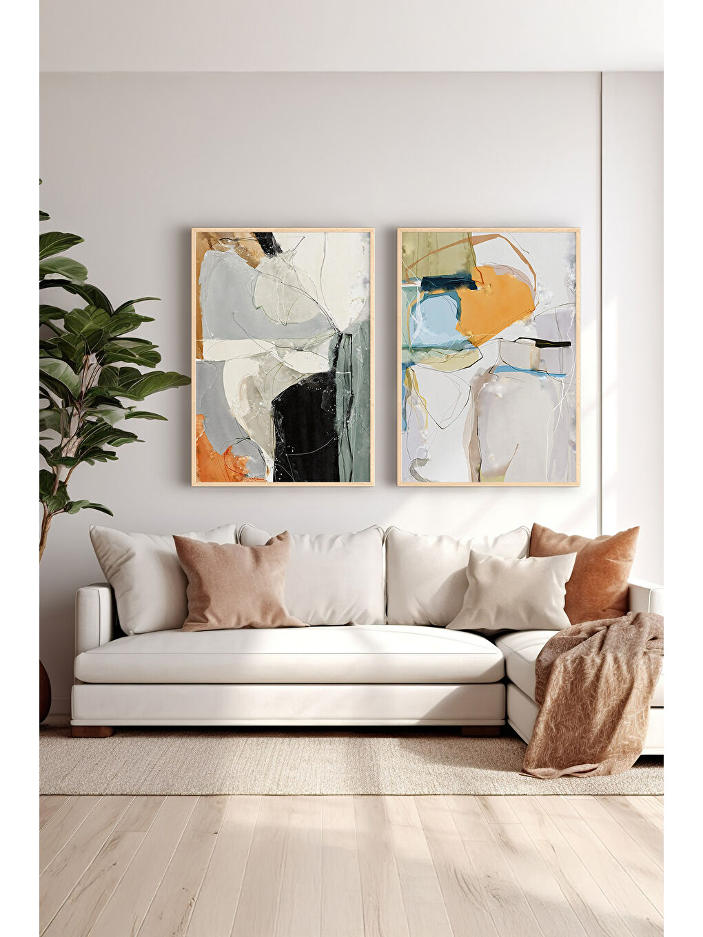 Beyaz 2 Parça Gerçek Ahşap Renkli Çerçeveli Tablo Seti - Model 3 - ERSY2LIMODEL3-AHSAP