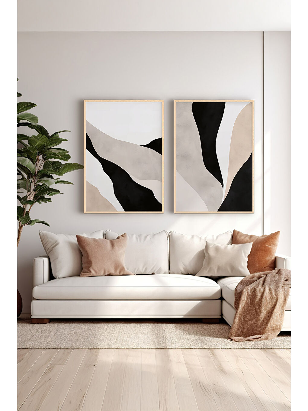 Beyaz 2 Parça Gerçek Ahşap Renkli Çerçeveli Tablo Seti - Model 42 - ERSY2LIMODEL42-AHSAP