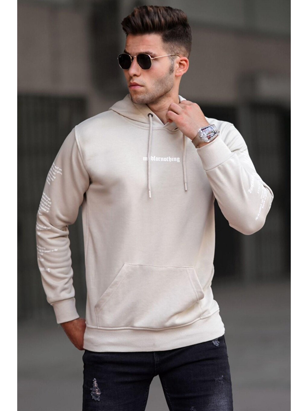 Bej Baskılı Kapüşonlu Sweatshirt 5304