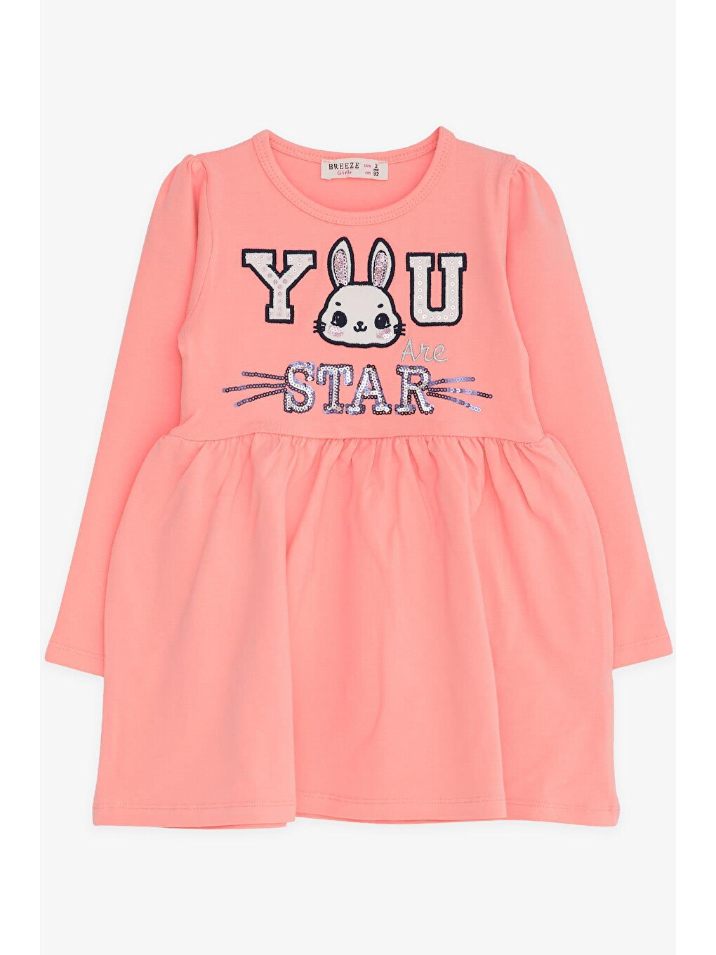 Pembe Kız Bebek Uzun Kollu Elbise Tavşan Nakışlı Somon (2 Yaş)