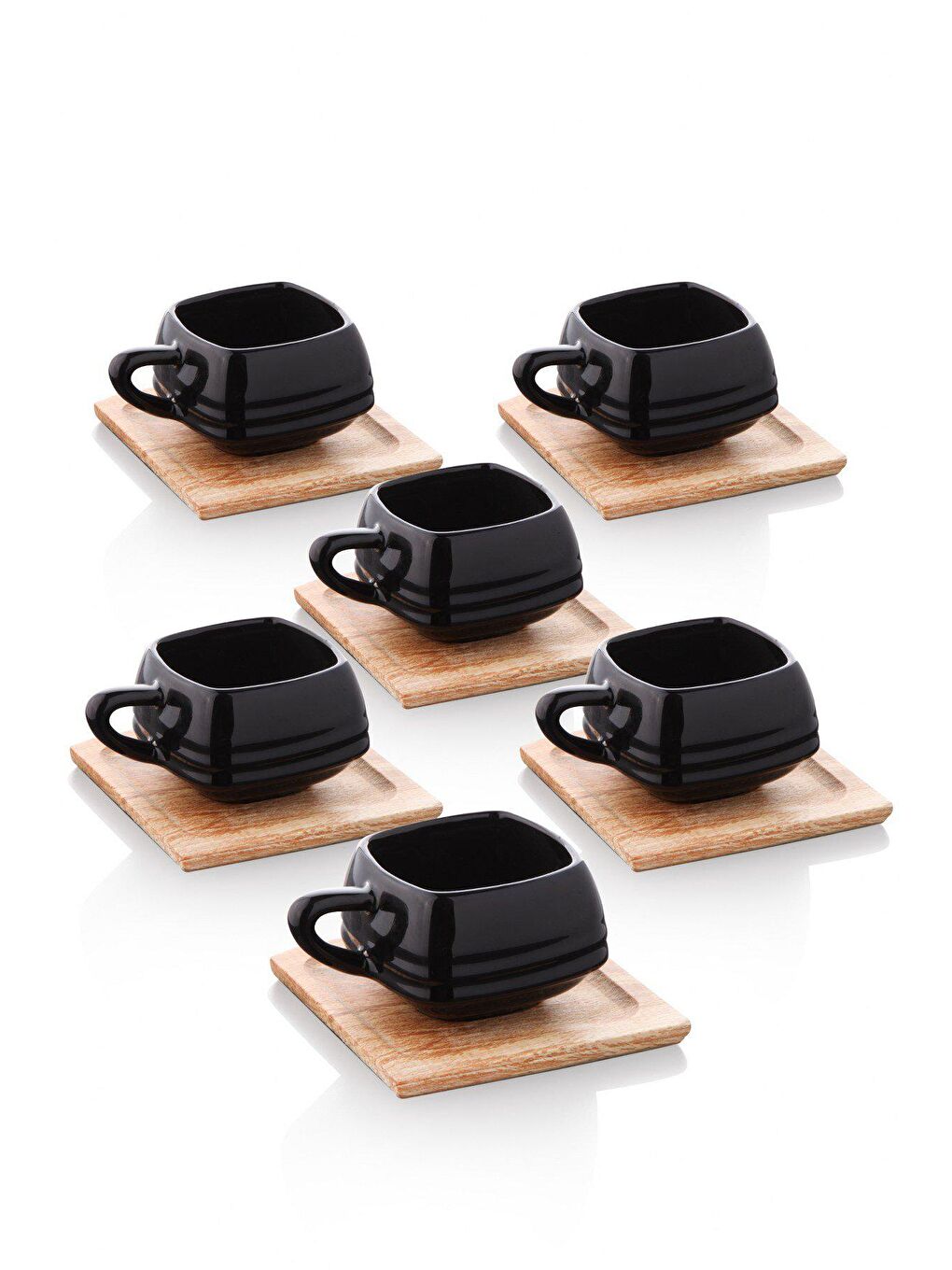 Siyah El Yapımı 6 Kişilik Ahşap Altlıklı Lüx Kahve Fincan Takımı SİYAH-1