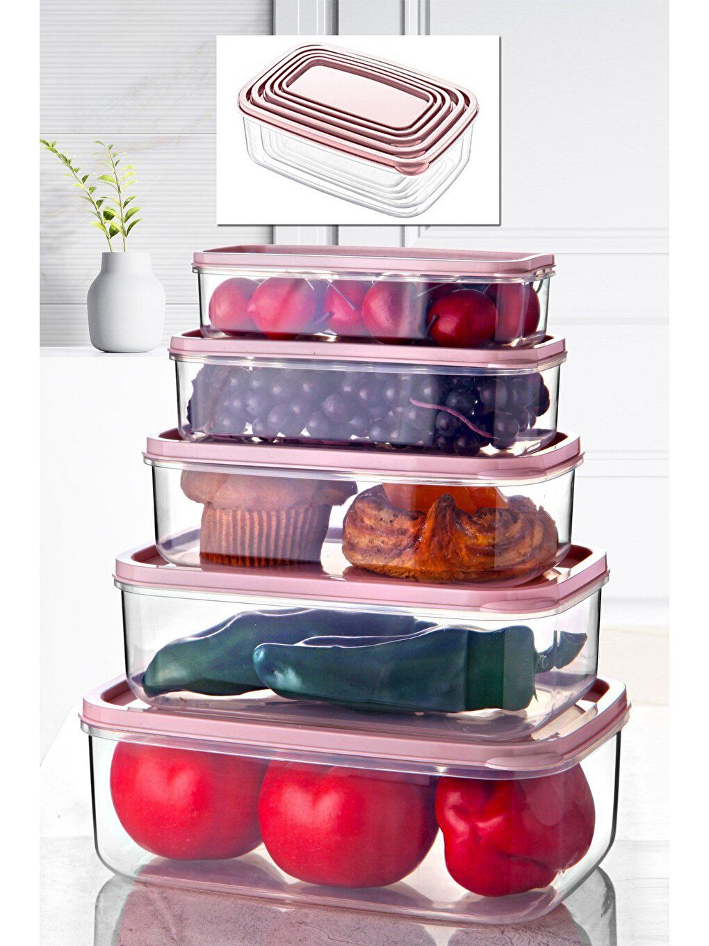 Pembe 5'li Set Embox Dikdörtgen Erzak, Gıda Saklama Kabı PUDRA