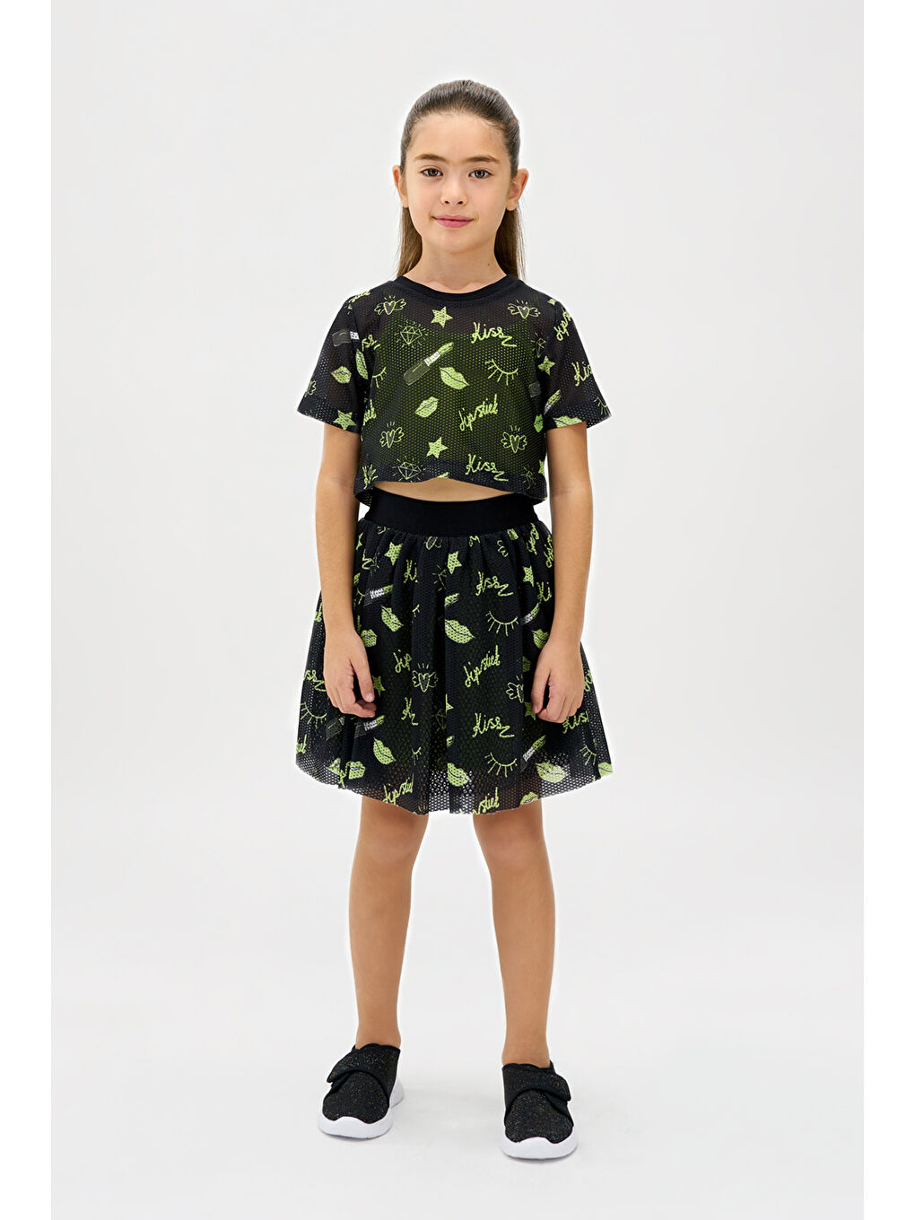 Kız Çocuk Neon Baskılı File Siyah Etek
