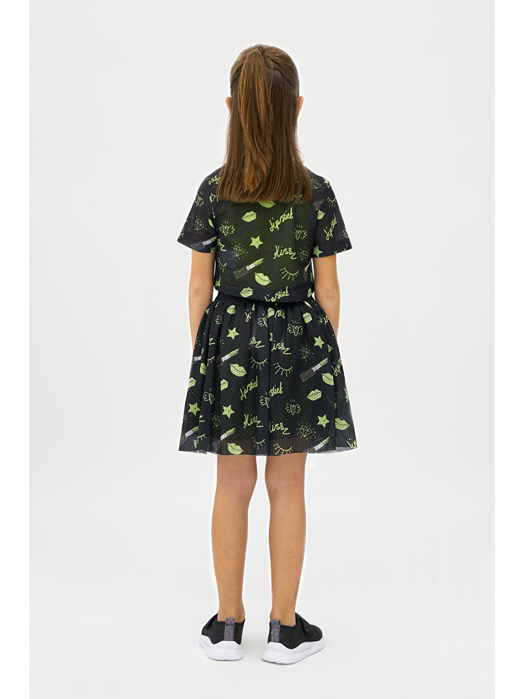 Kız Çocuk Neon Baskılı File Siyah Etek-2