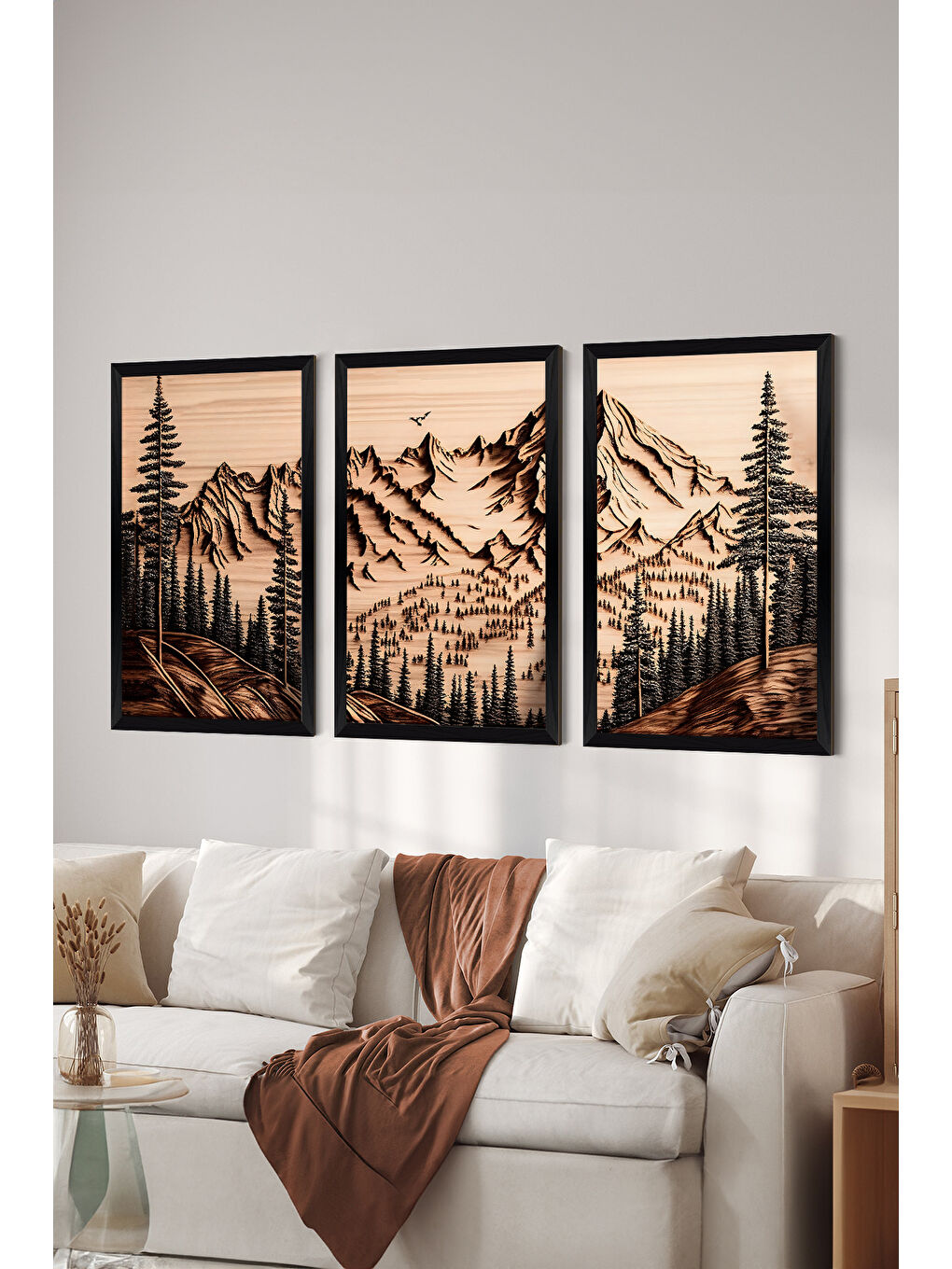 Beyaz 3 Parça Siyah Çerçeve Görünümlü MDF Poster Tablo Seti - Set 1 - ERSY3DSYHSET1-1520