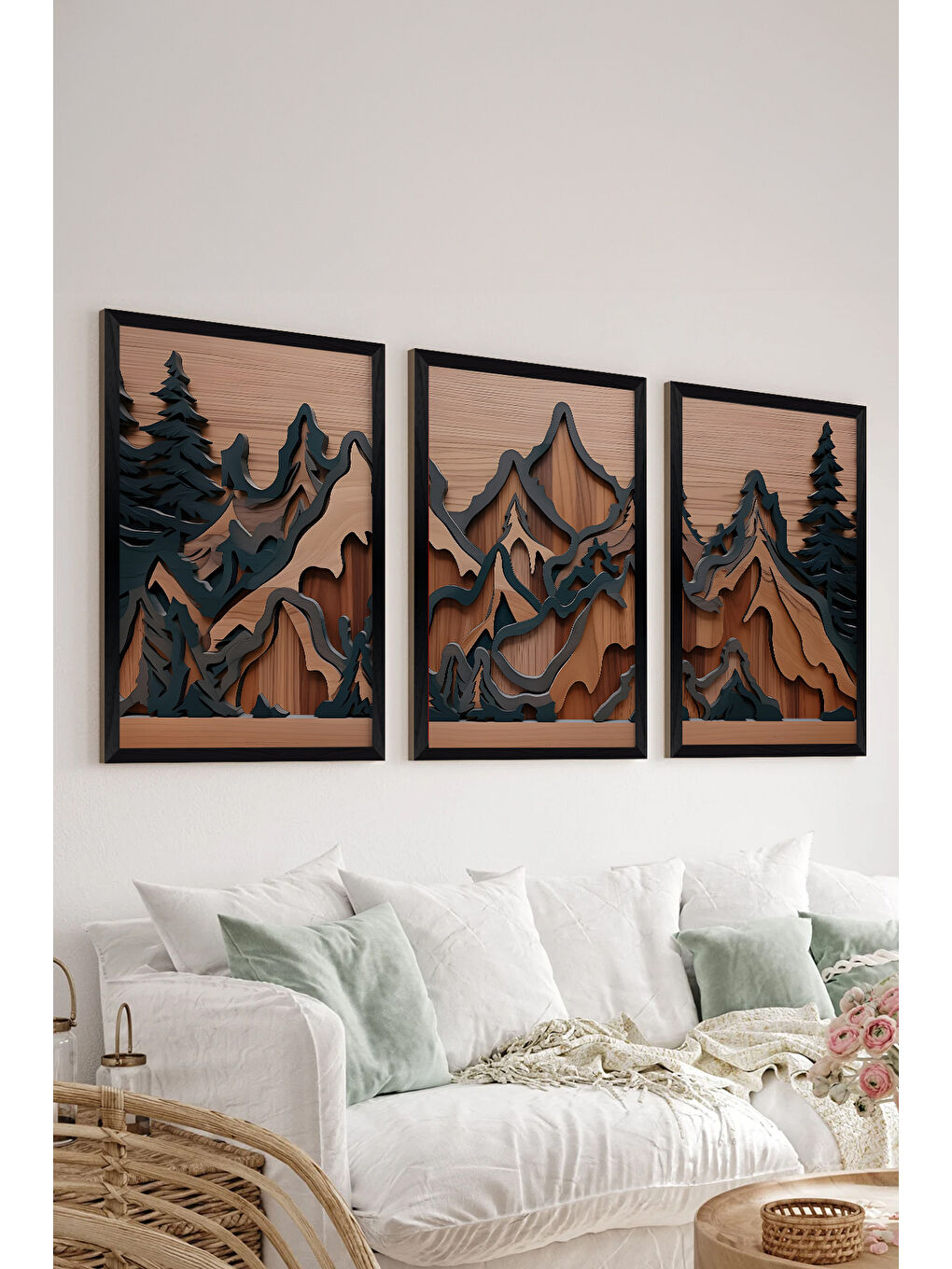 Beyaz 3 Parça Siyah Çerçeve Görünümlü MDF Poster Tablo Seti - Set 12 - ERSY3DSYHSET12-3348