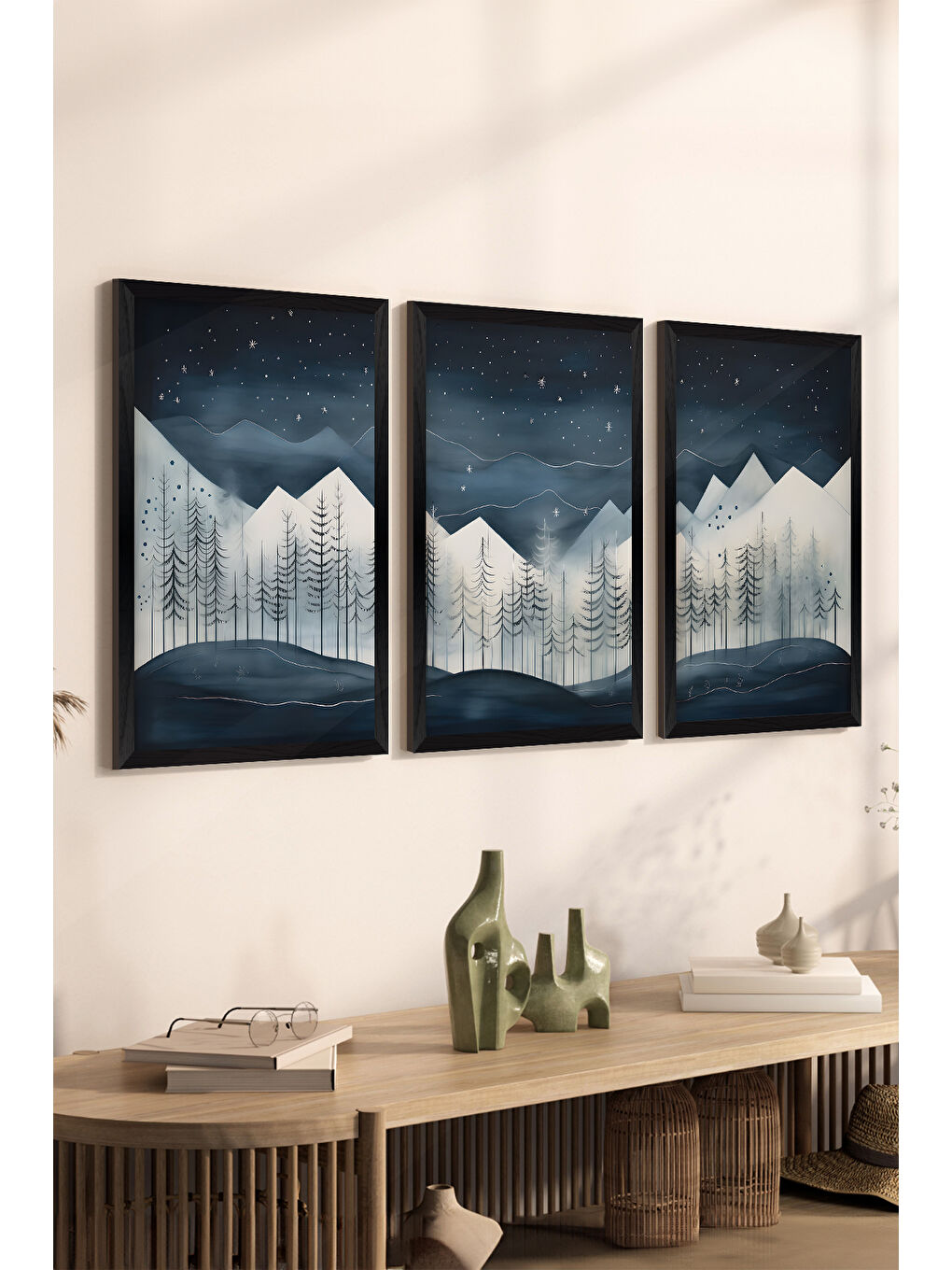 Beyaz 3 Parça Siyah Çerçeve Görünümlü MDF Poster Tablo Seti - Set 14 - ERSY3DSYHSET14-3348