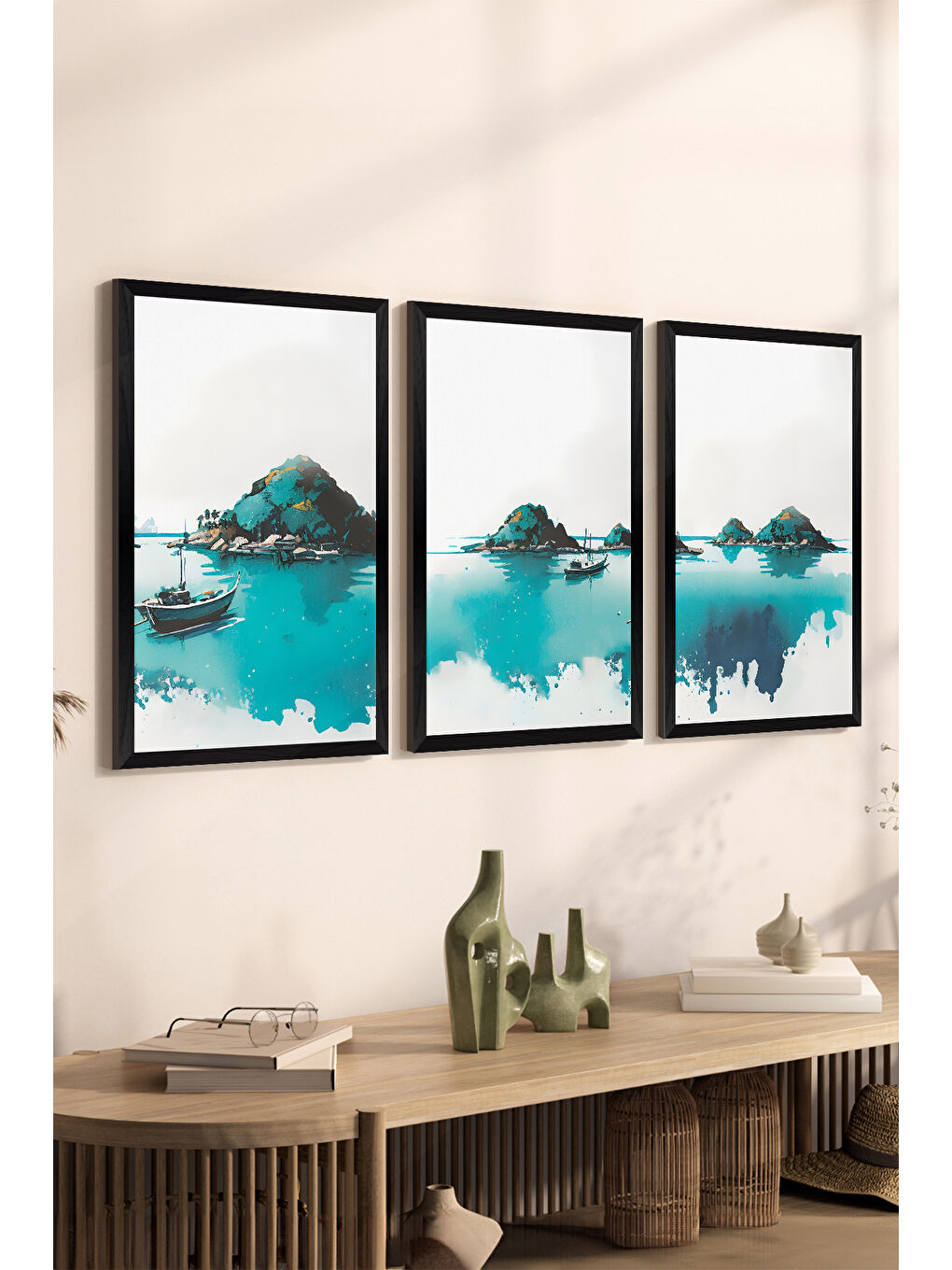 Beyaz 3 Parça Siyah Çerçeve Görünümlü MDF Poster Tablo Seti - Set 18 - ERSY3DSYHSET18-2030