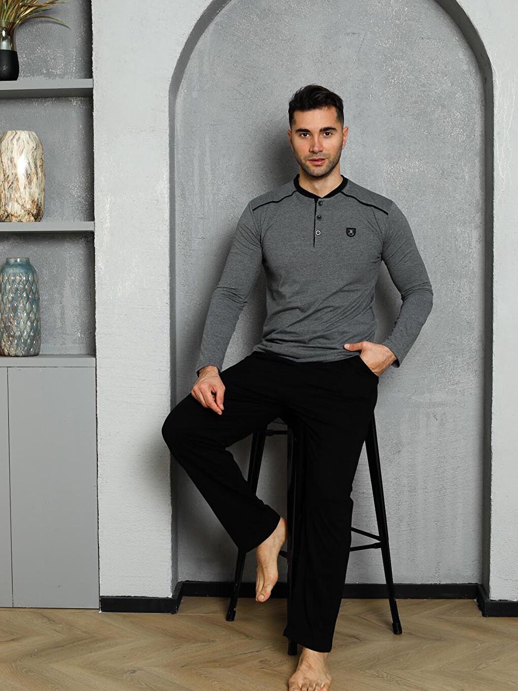 Antrasit Erkek Pijama Takımı Süprem Uzunkol Omuz Arabiyeli Pamuklu Mevsimlik-4