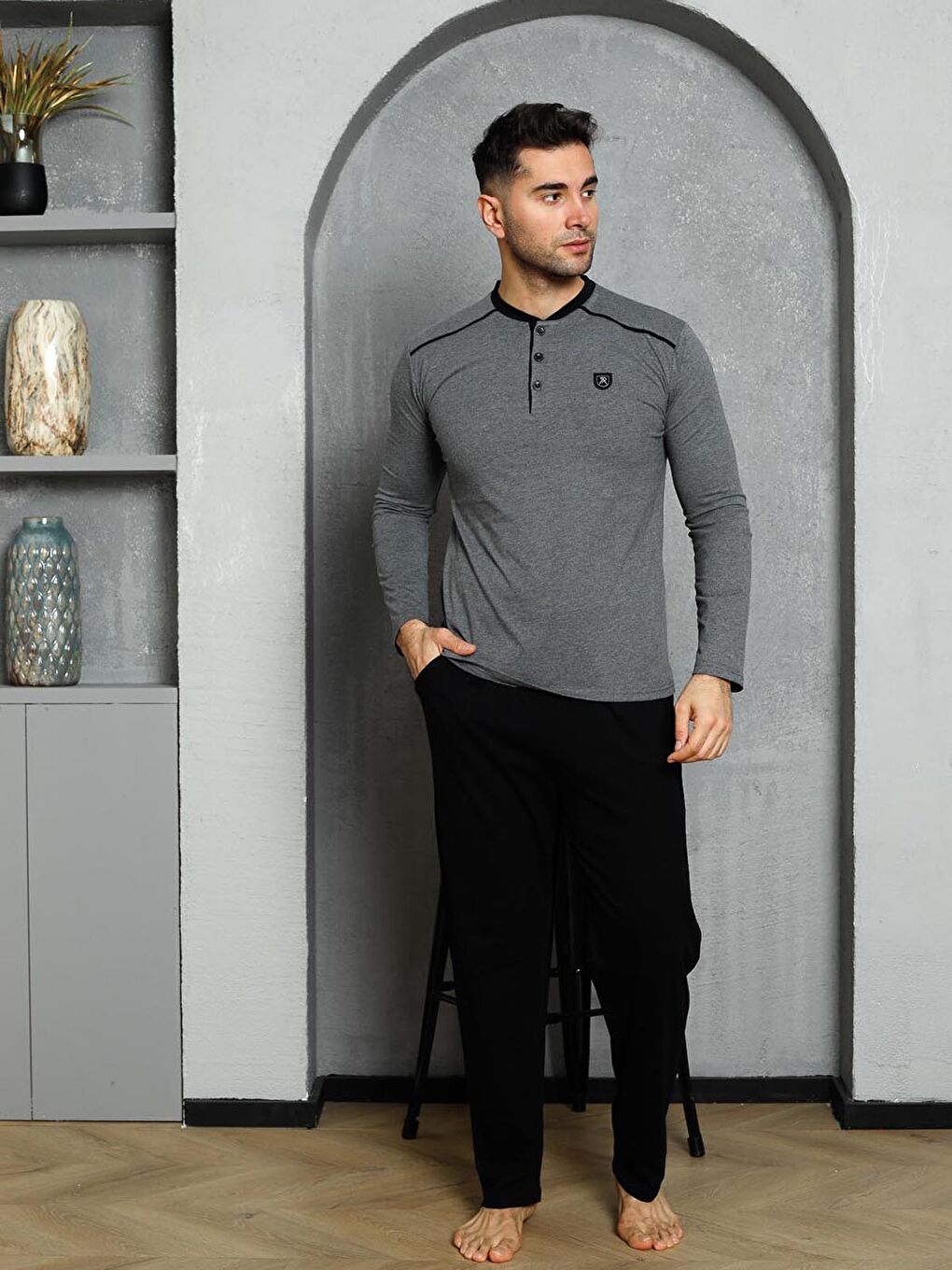 Antrasit Erkek Pijama Takımı Süprem Uzunkol Omuz Arabiyeli Pamuklu Mevsimlik-1