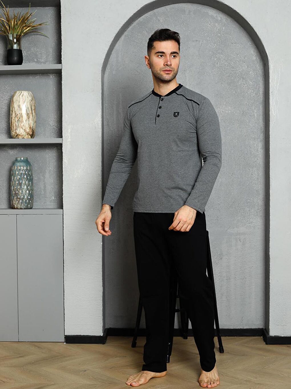 Antrasit Erkek Pijama Takımı Süprem Uzunkol Omuz Arabiyeli Pamuklu Mevsimlik-2