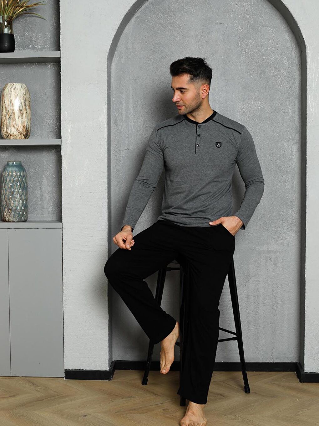 Antrasit Erkek Pijama Takımı Süprem Uzunkol Omuz Arabiyeli Pamuklu Mevsimlik-5