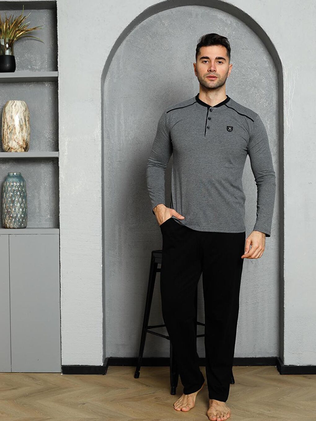 Antrasit Erkek Pijama Takımı Süprem Uzunkol Omuz Arabiyeli Pamuklu Mevsimlik