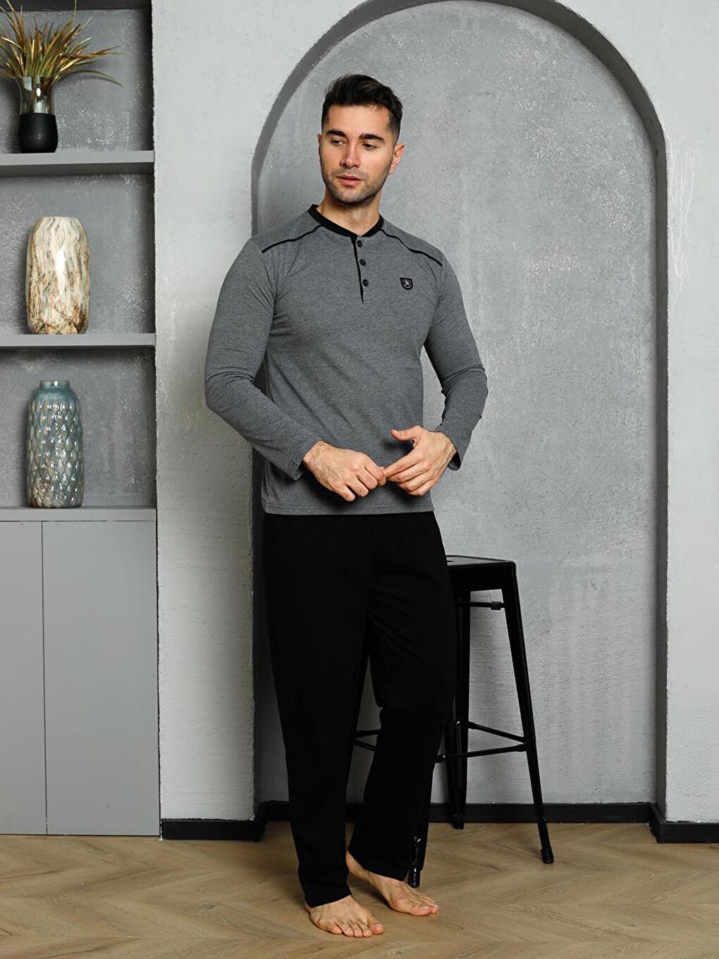 Antrasit Erkek Pijama Takımı Süprem Uzunkol Omuz Arabiyeli Pamuklu Mevsimlik-3