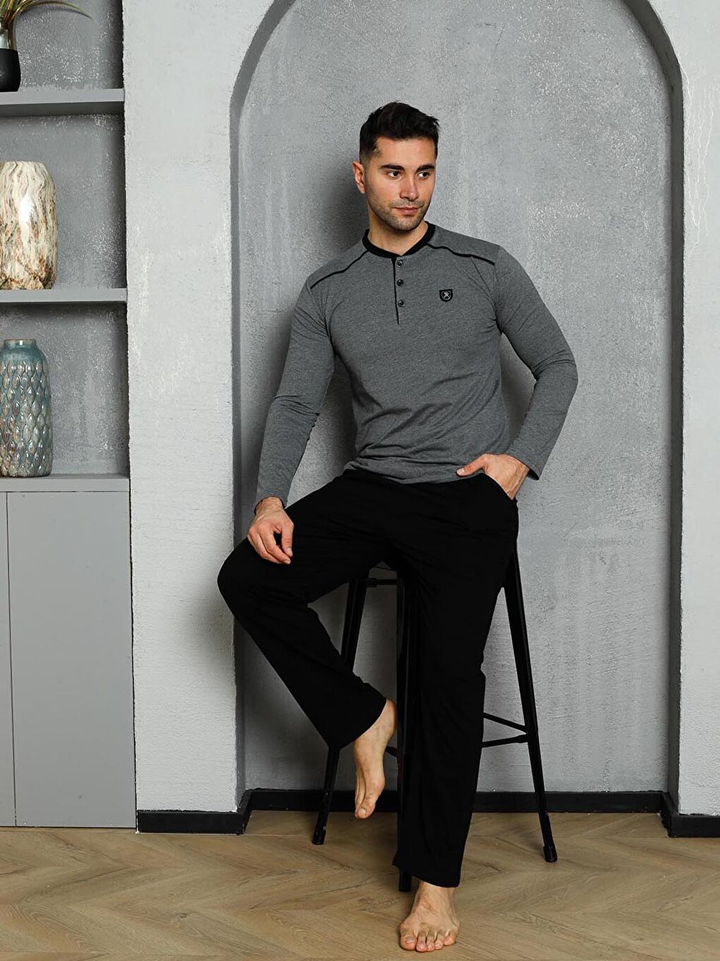 Antrasit Erkek Pijama Takımı Süprem Uzunkol Omuz Arabiyeli Pamuklu Mevsimlik-6