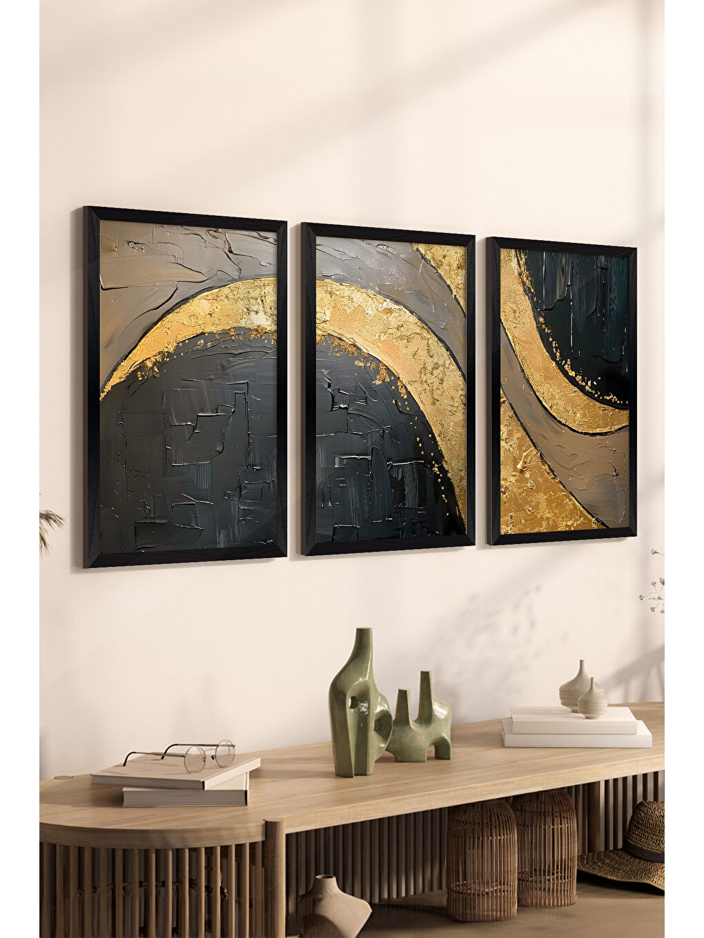 Beyaz 3 Parça Siyah Çerçeve Görünümlü MDF Poster Tablo Seti - Set 2 - ERSY3DSYHSET2-3348