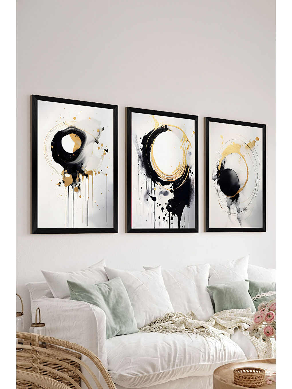 Beyaz 3 Parça Siyah Çerçeve Görünümlü MDF Poster Tablo Seti - Set 28 - ERSY3DSYHSET28-1520