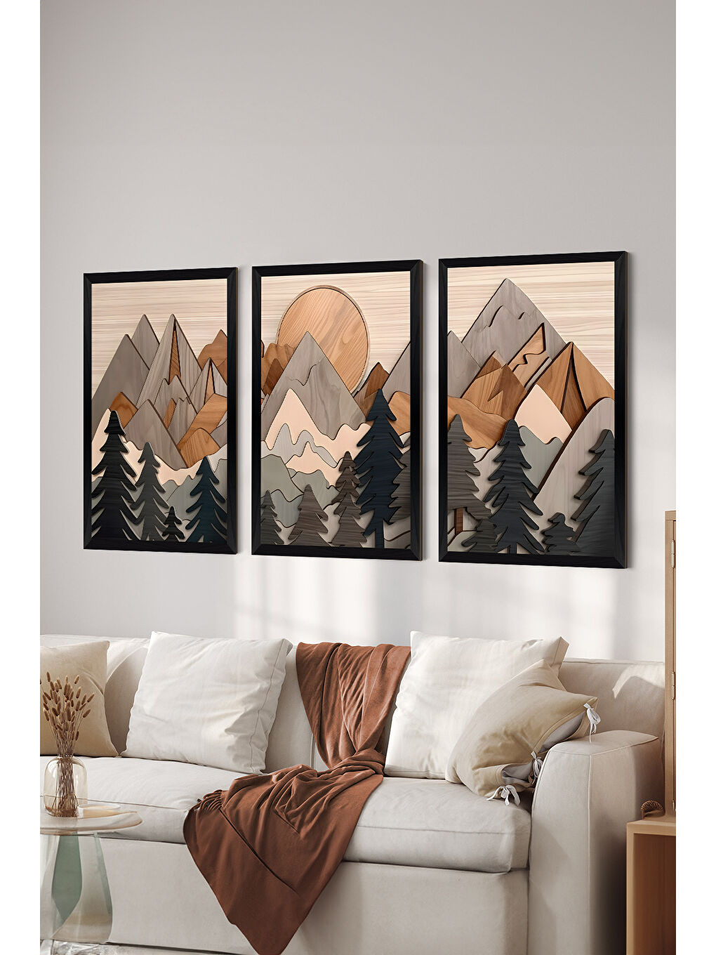 Beyaz 3 Parça Siyah Çerçeve Görünümlü MDF Poster Tablo Seti - Set 29 - ERSY3DSYHSET29-3348