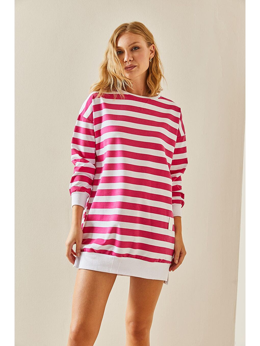 Fuşya Bisiklet Yaka Çizgili Sweatshirt 3YXK8-47555-07