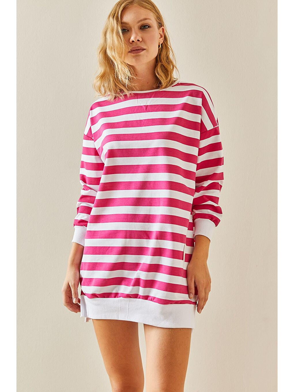 Fuşya Bisiklet Yaka Çizgili Sweatshirt 3YXK8-47555-07-1