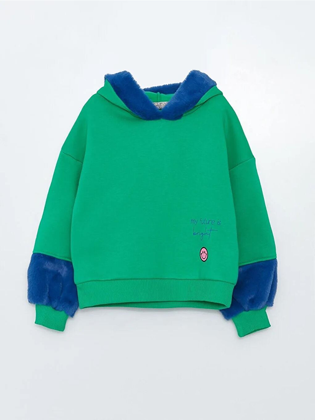 Yeşil Kız Çocuk Üç İplik Kürklü Baskılı Kapüşonlu SweatShirt