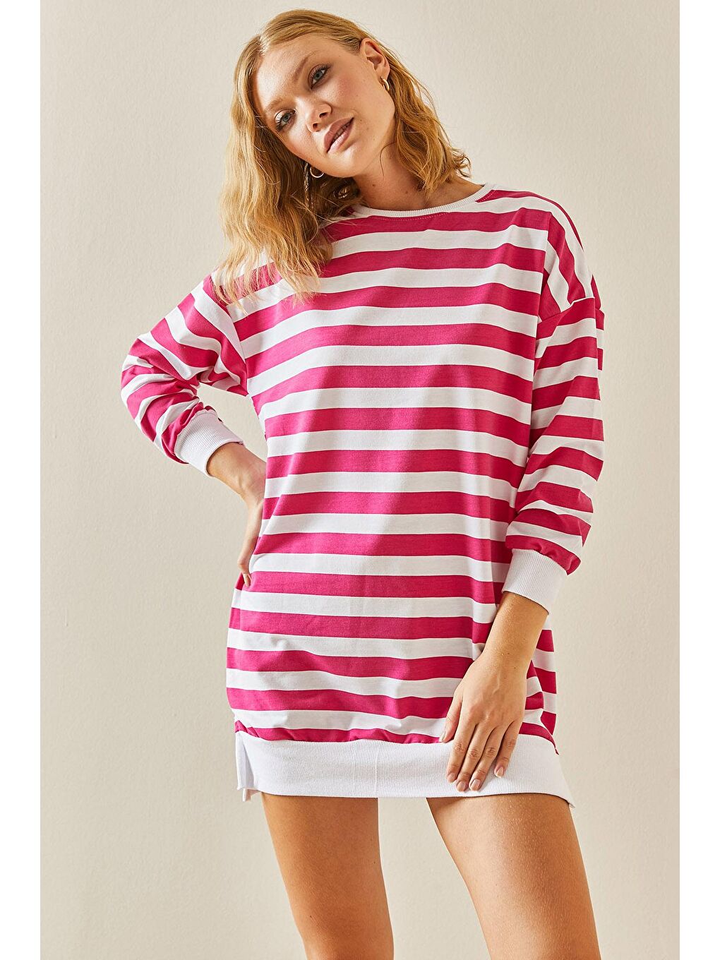 Fuşya Bisiklet Yaka Çizgili Sweatshirt 3YXK8-47555-07-2