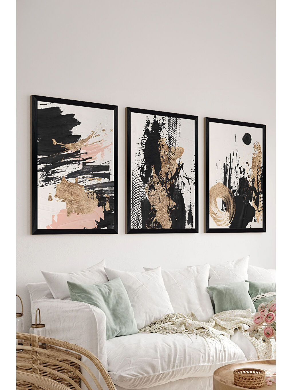 Beyaz 3 Parça Siyah Çerçeve Görünümlü MDF Poster Tablo Seti - Set 40 - ERSY3DSYHSET40-3348