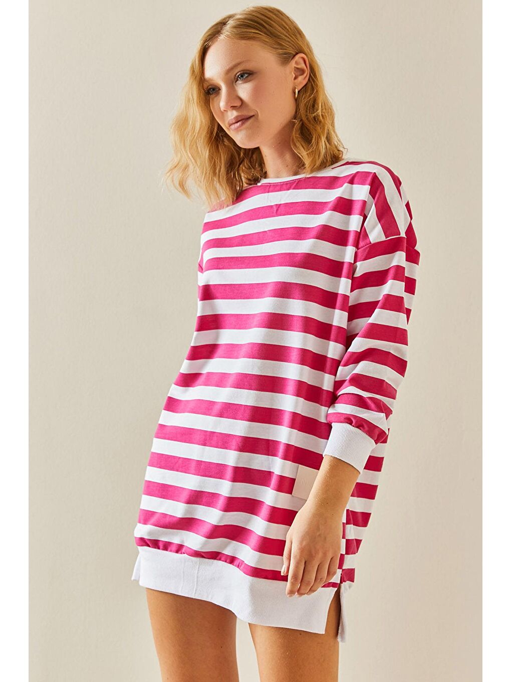 Fuşya Bisiklet Yaka Çizgili Sweatshirt 3YXK8-47555-07-3