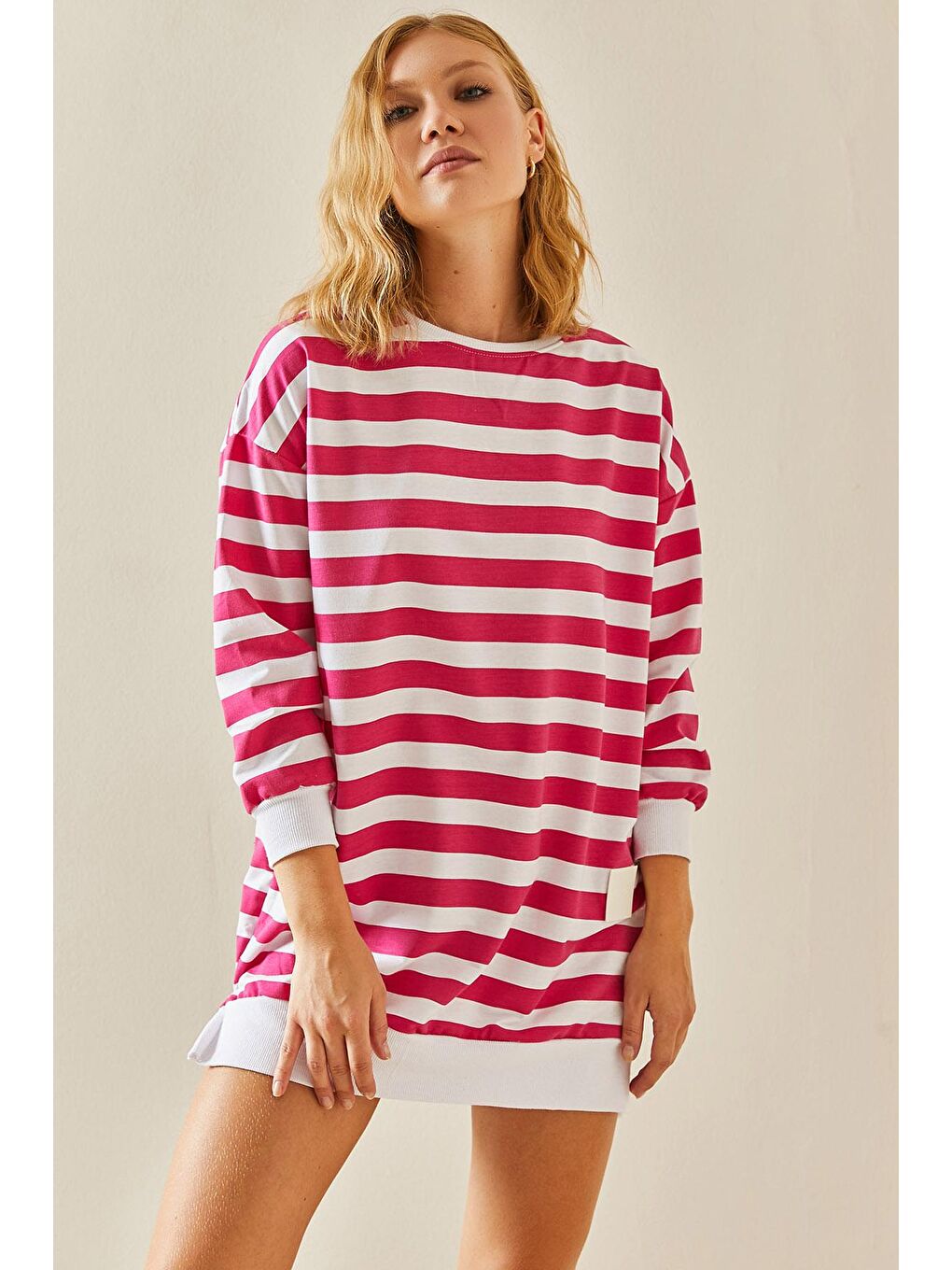 Fuşya Bisiklet Yaka Çizgili Sweatshirt 3YXK8-47555-07-4