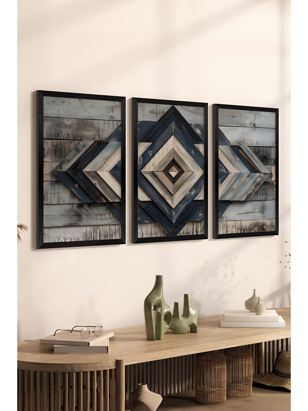 Beyaz 3 Parça Siyah Çerçeve Görünümlü MDF Poster Tablo Seti - Set 6 - ERSY3DSYHSET6-3348