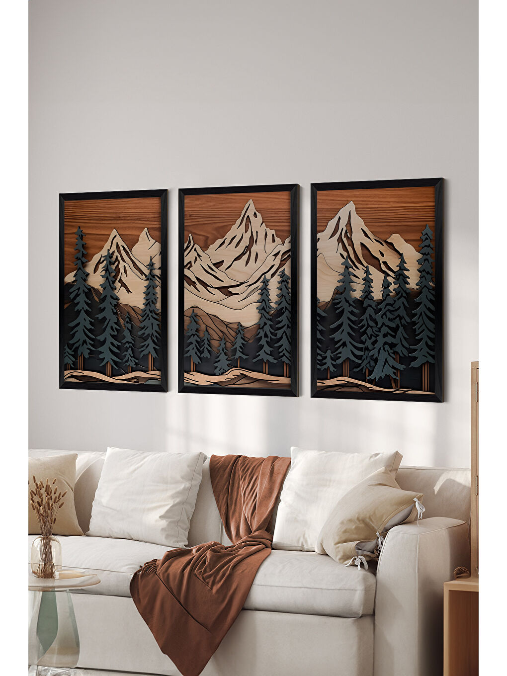 Beyaz 3 Parça Siyah Çerçeve Görünümlü MDF Poster Tablo Seti - Set 9 - ERSY3DSYHSET9-3348
