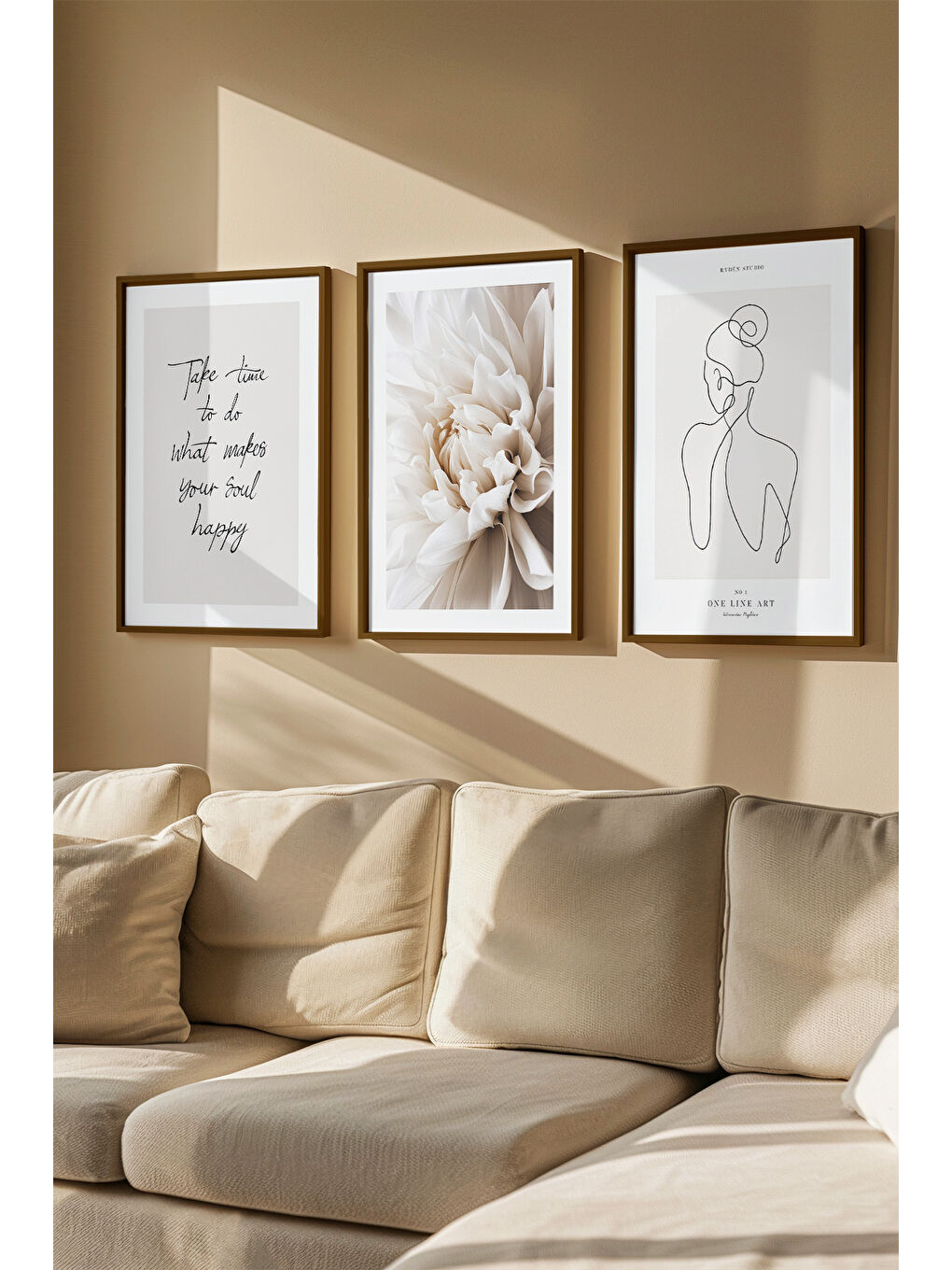 Beyaz 3 Parça Kahverengi Gerçek Ahşap Çerçeveli Tablo Seti - Model 10 - ERSY3KHVCRV10-2030