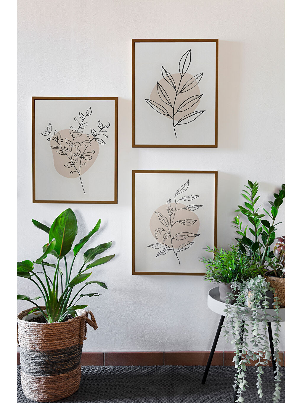 Beyaz 3 Parça Kahverengi Gerçek Ahşap Çerçeveli Tablo Seti - Model 11 - ERSY3KHVCRV11-2030