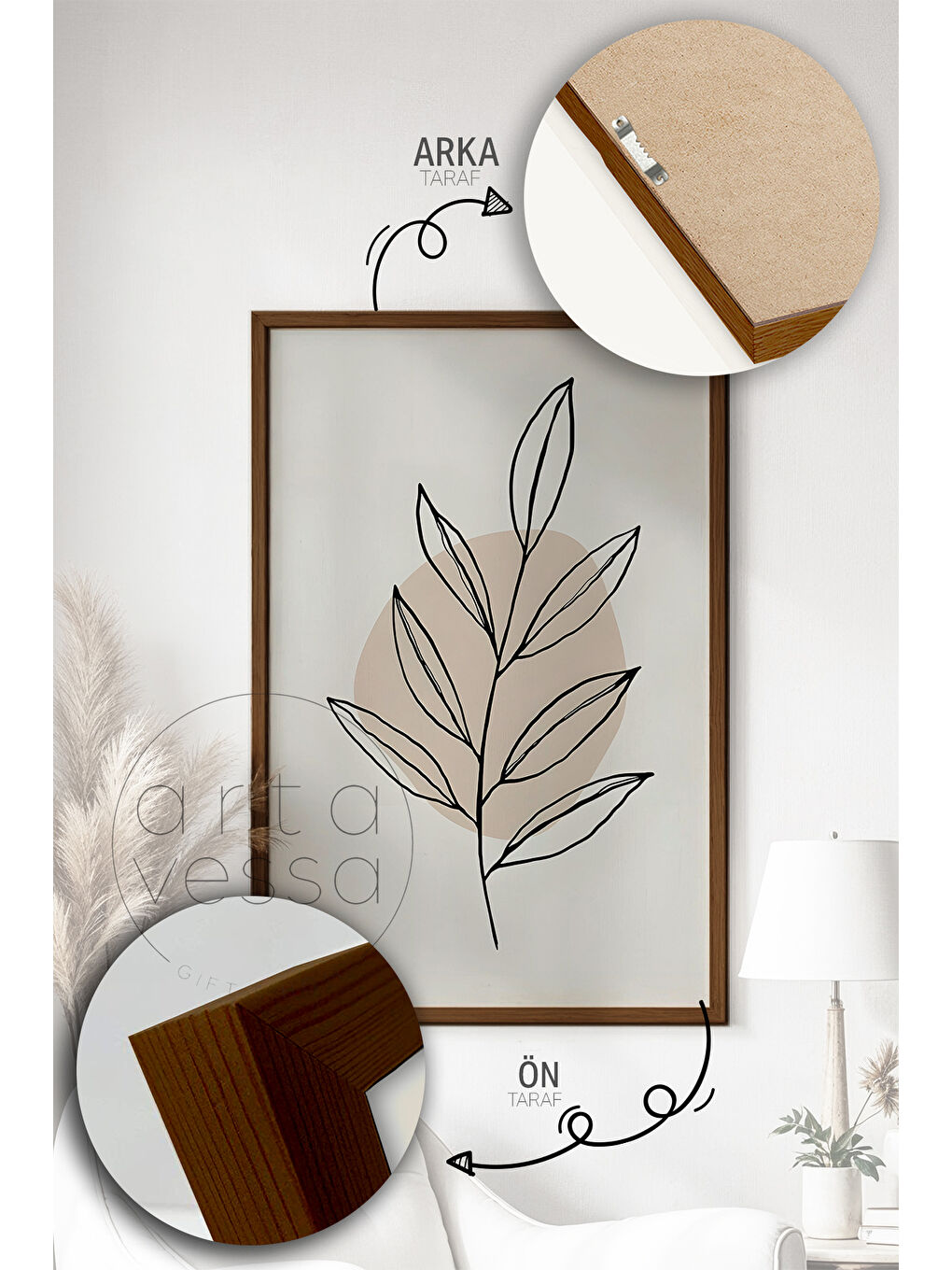 Beyaz 3 Parça Kahverengi Gerçek Ahşap Çerçeveli Tablo Seti - Model 11 - ERSY3KHVCRV11-2030-4