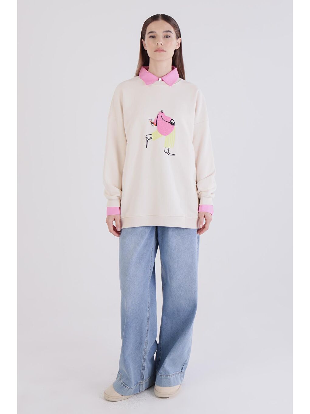 Ekru Baskı Ve Nakışlı Oversize Sweatshirt-1