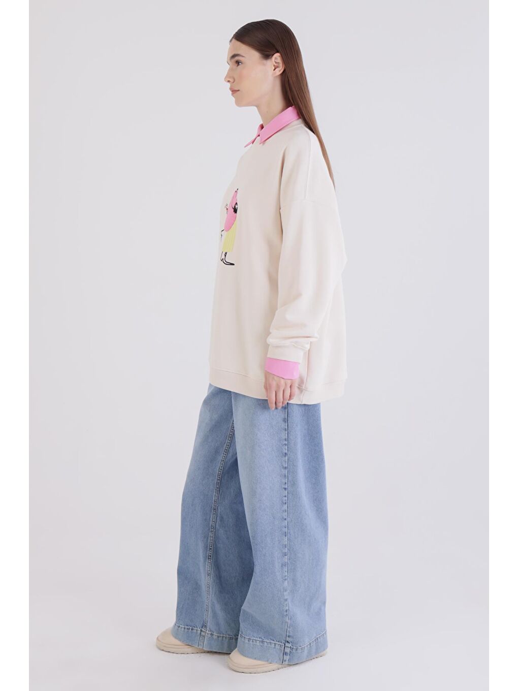 Ekru Baskı Ve Nakışlı Oversize Sweatshirt-2