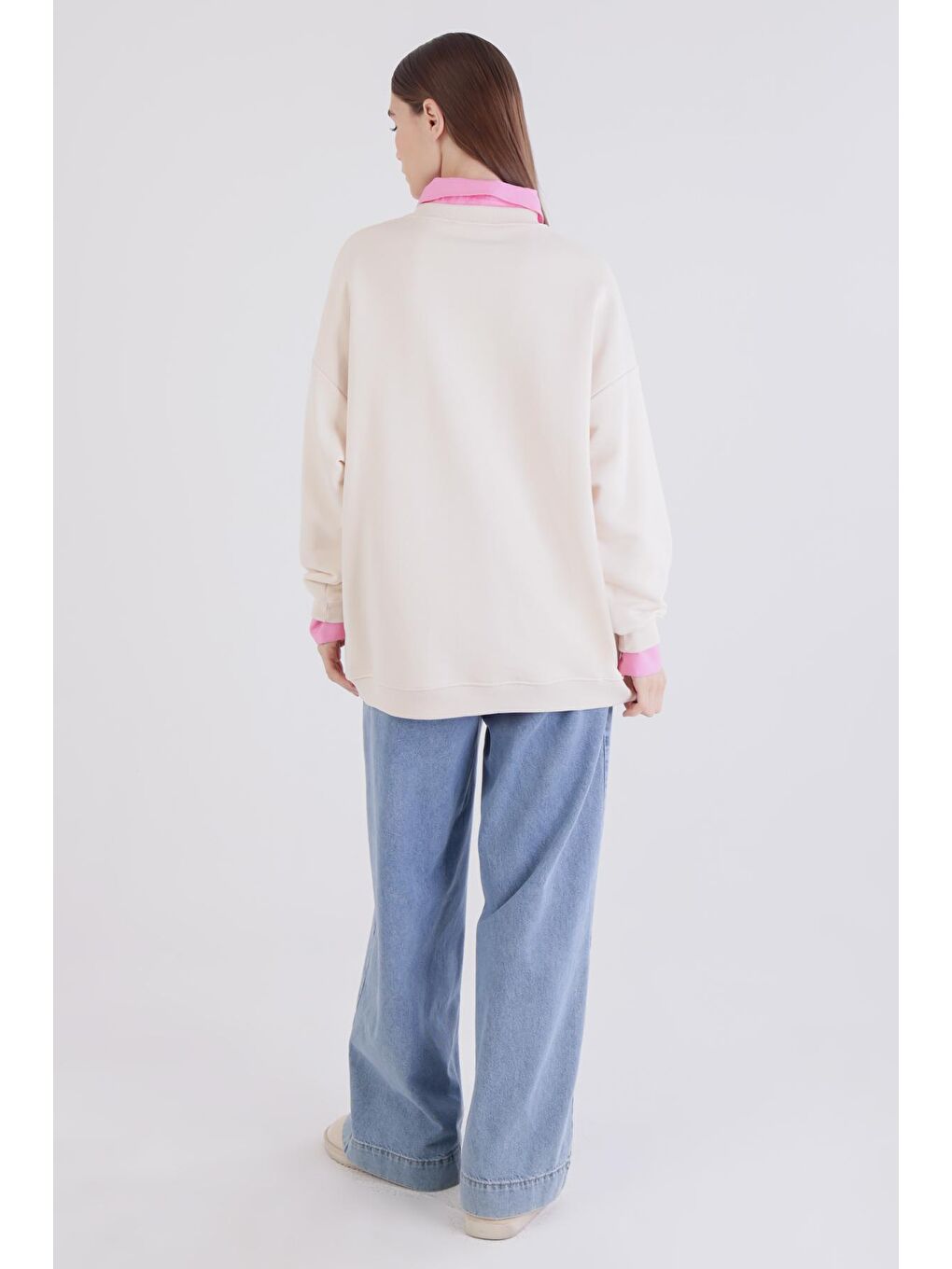 Ekru Baskı Ve Nakışlı Oversize Sweatshirt-3