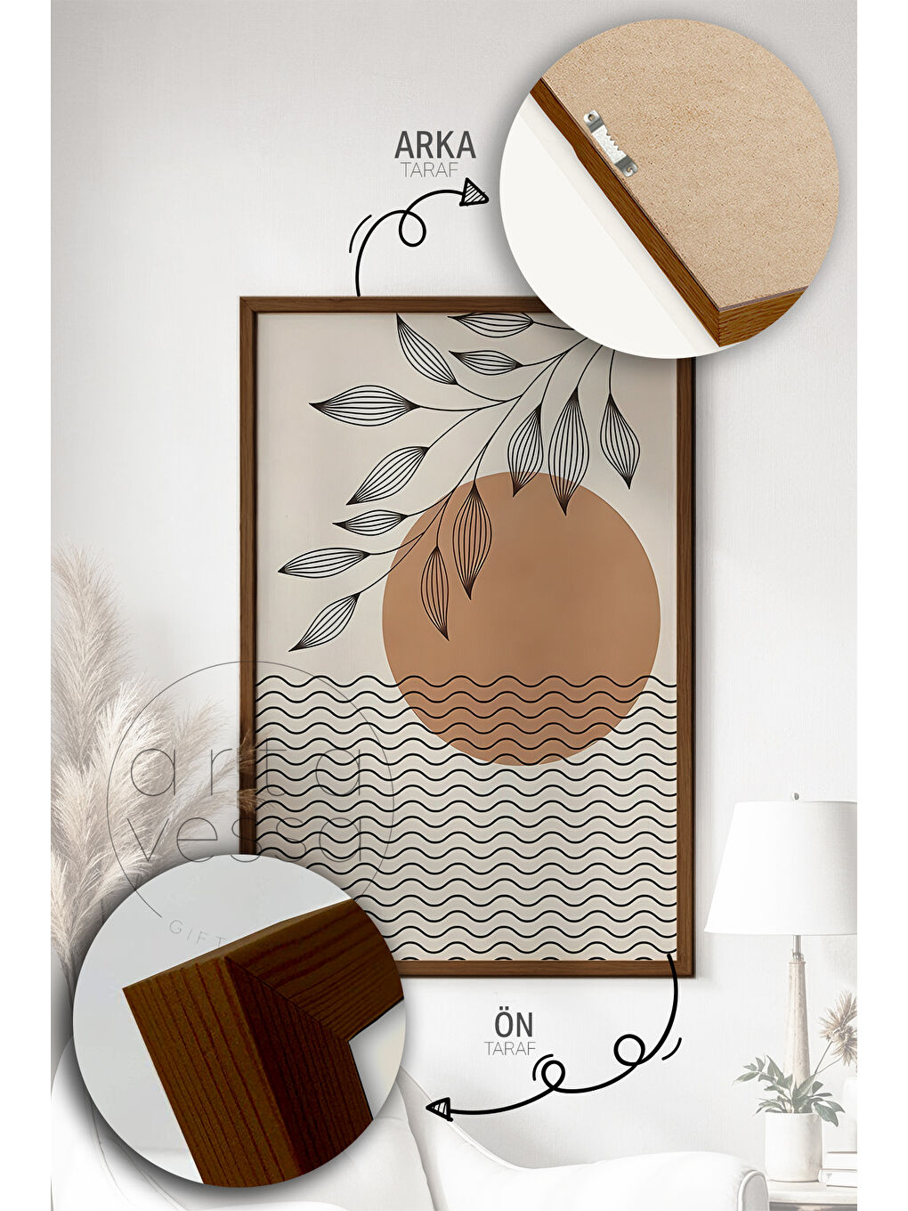 Beyaz 3 Parça Kahverengi Gerçek Ahşap Çerçeveli Tablo Seti - Model 12 - ERSY3KHVCRV12-3348-4