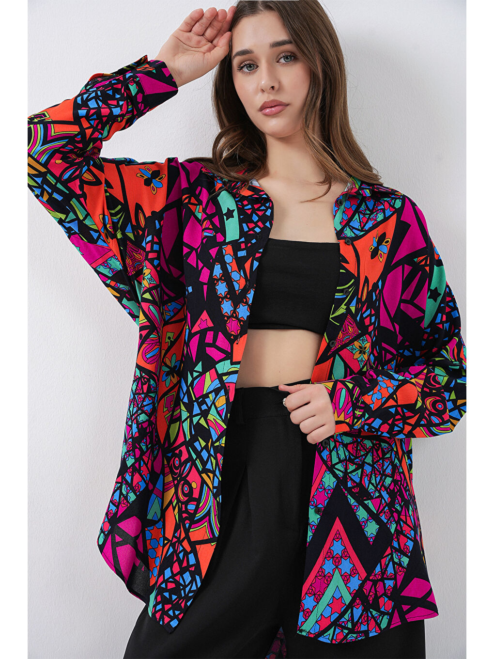 3721 Grafik Desenli Gömlek - Fuşya