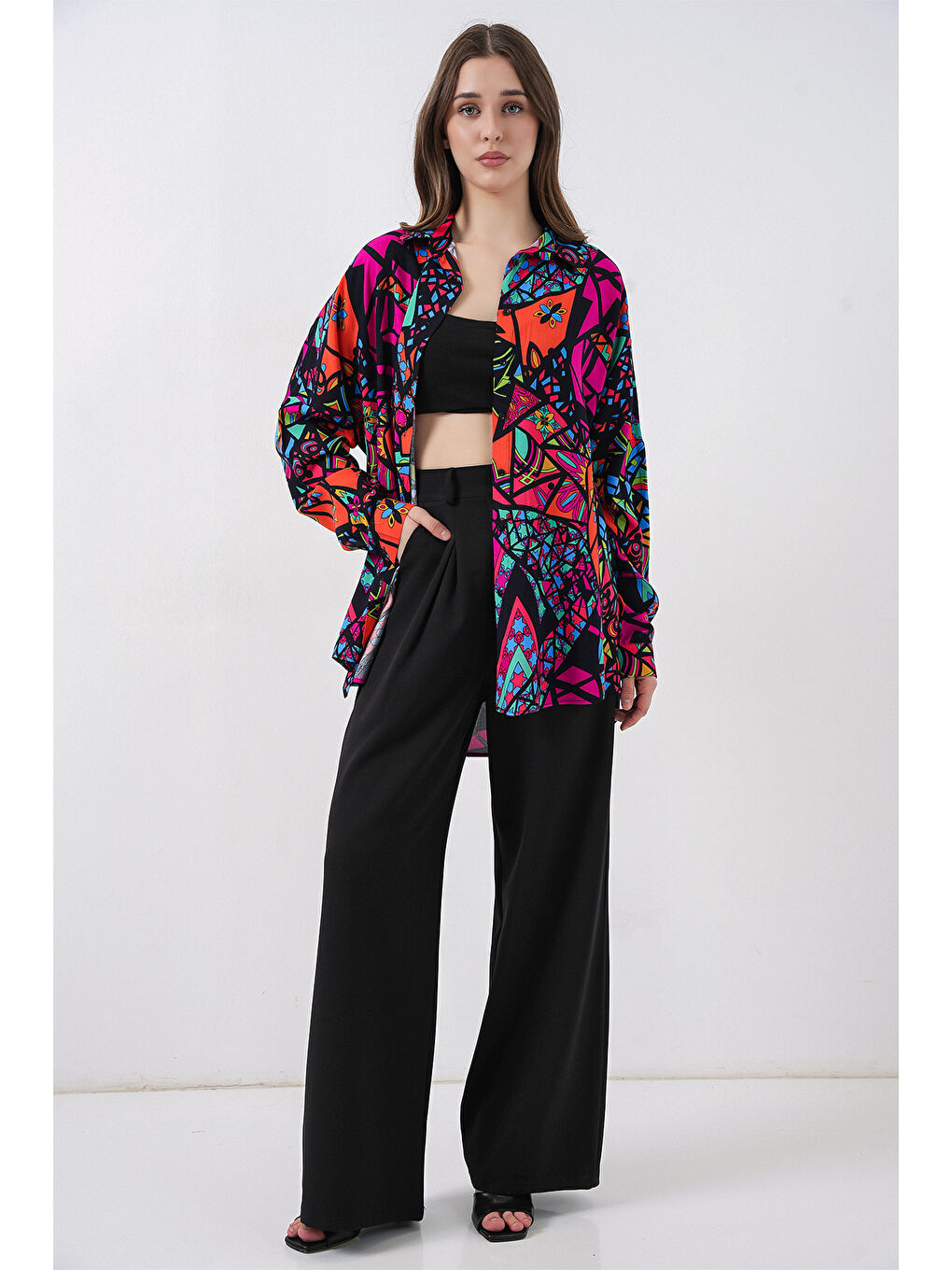 3721 Grafik Desenli Gömlek - Fuşya-1