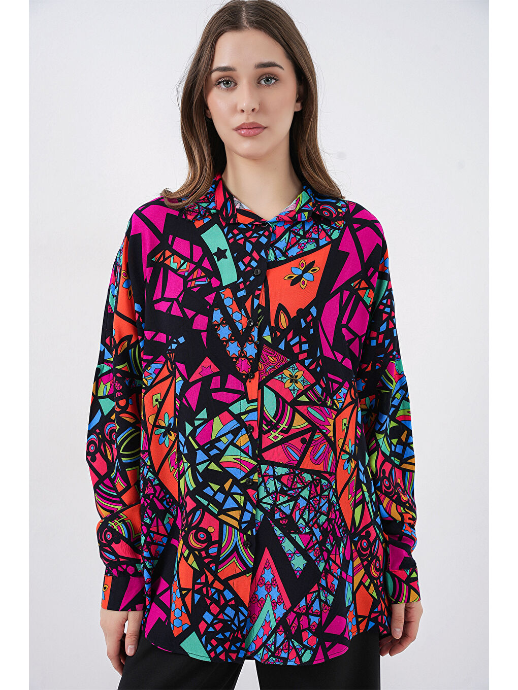 3721 Grafik Desenli Gömlek - Fuşya-2