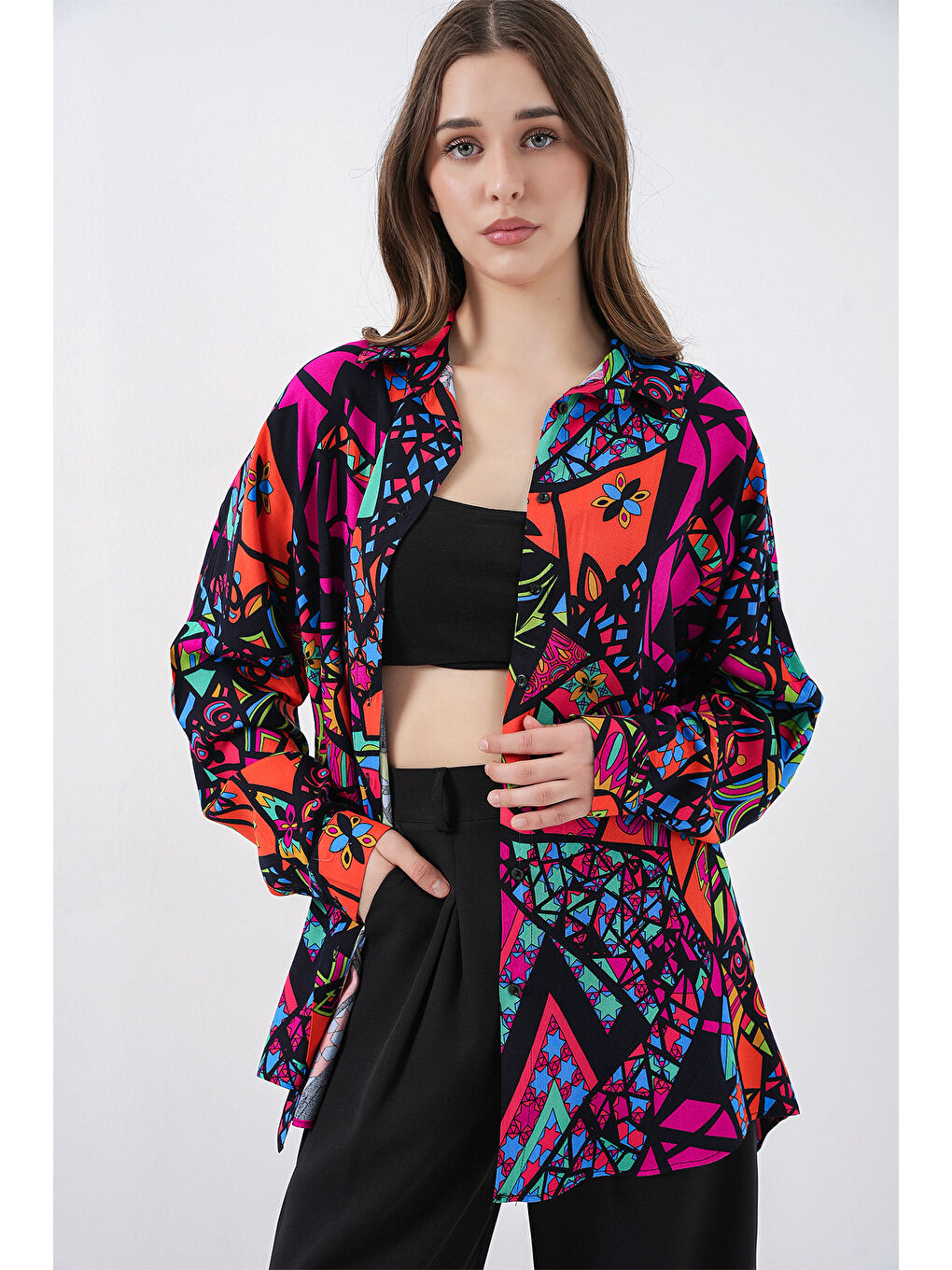 3721 Grafik Desenli Gömlek - Fuşya-3